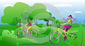 People ride on bikes outdoors in summer, vector illustration. Happy couple riding bicycles outside, healthy lifestyle