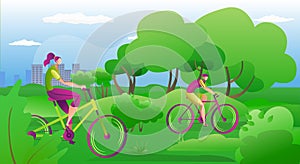 People ride on bikes outdoors in summer, vector illustration. Happy couple riding bicycles outside, healthy lifestyle