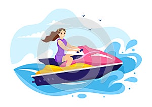 People Ride Jet Ski Illustration Summer Vacation Recreation, Extreme Water Sports and Resort Beach Activity in Hand Drawn Flat