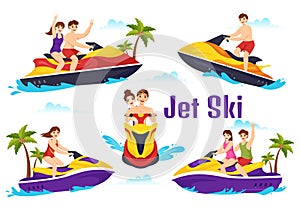 People Ride Jet Ski Vector Illustration Summer Vacation Recreation, Extreme Water Sports and Resort Beach Activity in Hand Drawn