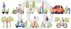 People ride scooter, bicycle, skateboard, motorbike and electric car. Human on hoverboard and gyro scooter vector illustration set