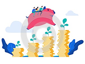 People rides piggy bank jump over money stack and growing a successful financial chart. Investment and increasing finance