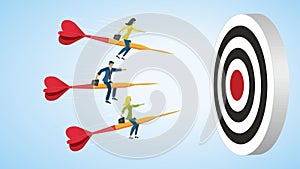 People riding on arrow for success to goal, dartboard. Vector illustration.