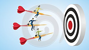 People riding on arrow to dartboard, goal. Vector illustration.