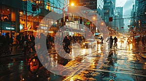 People riding a bicycle in the rain on a rainy day. Blurred background