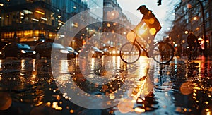 People riding a bicycle in the rain on a rainy day. Blurred background