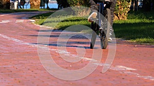 People Riding Bicycles on Bike Lane in the Park. Slow Motion