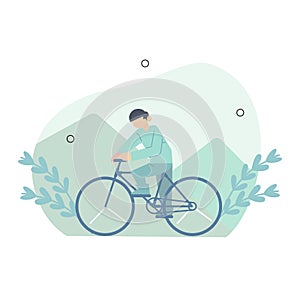 people riding bicycles. Men cyclists. riders cycling in nature. Happy young and old bicyclists. Flat vector illustration isolated