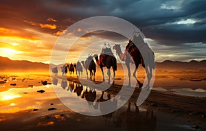 People riding camels across a desert landscape