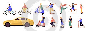 People riding. Cartoon characters on modern electric city transport, longboard scooter bicycle unicycle. Vector personal