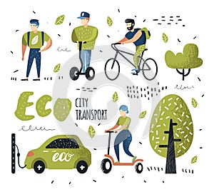 People Riding Eco Transportation. Green Urban City Transport. Ecology Concept. Man on Bicycle, Woman on Pushscooter