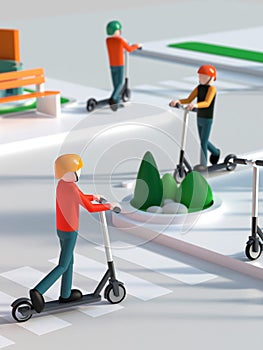 People riding electric scooters on city streets, 3D illustration