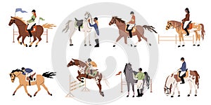 People riding horses. Horsemen in jockey clothes and helmets, professional equestrian, riding training, different stallions,