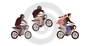 People riding motorcycles. Bikers in helmets chasing couple on motorbike at fast speed. Motorcyclists on bikes pursue photo