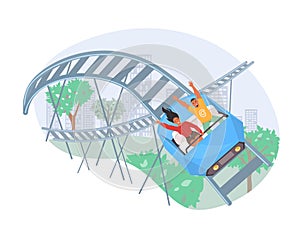 People riding roller coaster, vector illustration. Fairground amusement park attraction. Entertainment, leisure activity photo