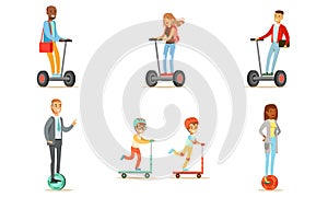 People Riding Self Balancing Scooters with One or Two Wheels, Young Men and Women Using Modern Individual Electric