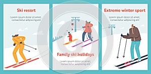 People Riding Skis by Snow on Winter Resort with Funicular Cartoon Poster. Travel Entertainment, Wintertime Holidays