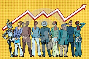 People and robot look at the schedule