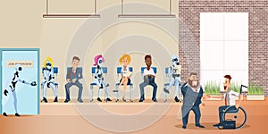 People and Robot Queue for Job Interview at Office