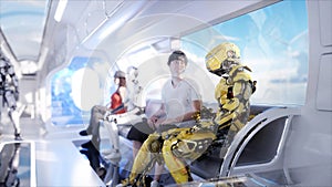 People and robots. Futuristic monorail transport. Concept of future. Realistic 4K animation.