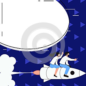 People on Rocket Ship Launching Fast Straight Up. Spaceship Drawing Flying High. Dialogue bubble contains important