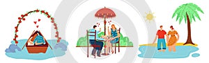 People at romantic date set, vector illustration, flat man woman character together sail boat under flower arch, happy