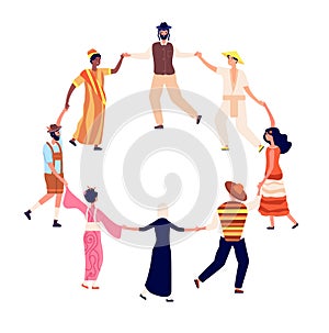 People round dance. Adults friends circle in dancing. Friendship, humans hold hand. Men women together, multicultural