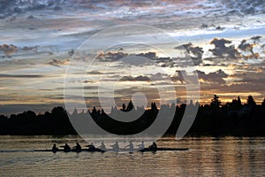 People rowing at sunrise