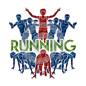 People run, Runner ,Marathon running, Team work running, Group of people running with text running