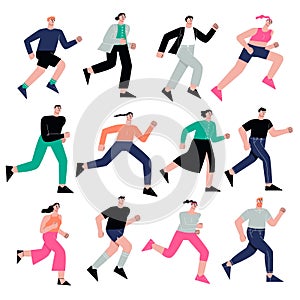 People running, activity citizens group. Run flat characters, sport and rushing woman man. Person outdoor rush, sapid photo
