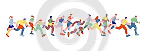 People running marathon. Fast run person, speed athletes. Isolated sport cartoon flat characters. Women men activity