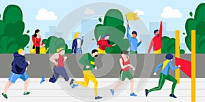 People running marathon together to finish line