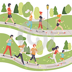 People Running in Park Set, Young Men and Women Doing Physical Activities Outdoors, Healthy Lifestyle and Fitness Vector