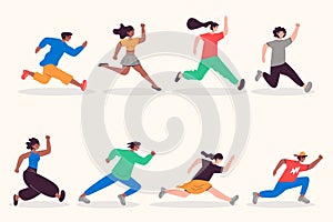 People running set in flat design. Happy men and women run and hurry, sport competition or aspiration direction metaphor. Bundle