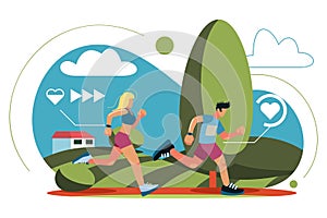 People running. Sport training. Man and woman jogging. Athletic marathon. Healthy lifestyle. Heartbeat monitoring
