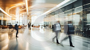 People rushing in office lobby with motion blur