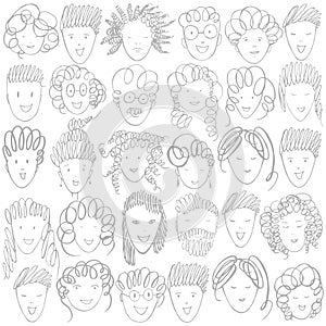 People`s faces on white background. Vector background.