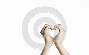 People`s hands show a heart sign. Valentines day relationship concept. On isolated background