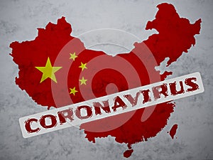 People`s Republic of China map country silhouette with a stamp: Coronavirus on it.