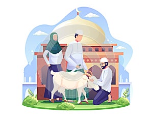 People are sacrificing goats or qurban on Eid al Adha. Happy Eid Al Adha Mubarak. vector illustration
