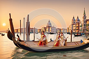 people sailing in gondolas at gran canal in venice in antique times, illustration