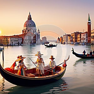 people sailing in gondolas at gran canal in venice in antique times, illustration