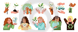 People save planet. Cartoon cute girls with green ecological symbols, hyman hands with environment elements, women