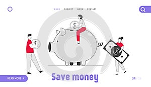 People Saving and Collect Money in Thrift-box Website Landing Page. Man and Woman Put Golden Coin and Dollar