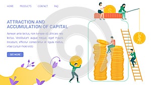 People saving gold coins, investments in jar. Attraction and accumulation of capital concept