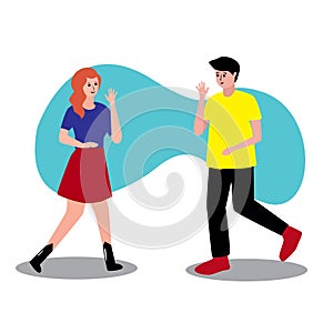 People say hello. The guy and the girl say hello to each other. Cartoon picture. Man and woman communicate and laugh. Friends are
