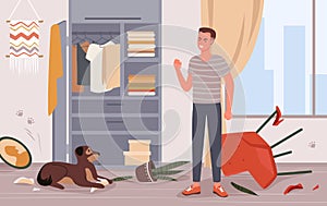 People scold dog pet behavior problem vector illustration. Cartoon young angry man character scolding doggy for messy