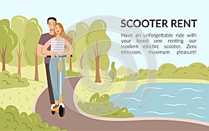 People on scooter in park. Electric scooter rent. Couple riding a scooter in city park. Flat illustration.