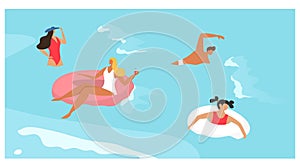 People in sea summer vacation, woman man girl character swim in ocean, vector illustration. Cartoon swimmer in water