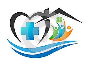 People sea wave home heart medical logo icon winning people union together team work success wellness summer symbol icon